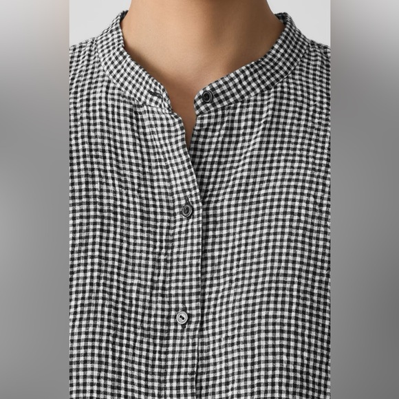 Eileen Fisher Puckered Organic Linen Gingham Mandarin Collar Short Sleeve Top - Picture 3 of 13
